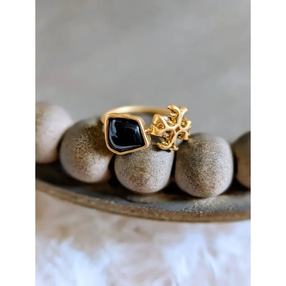 TORY BURCH Roxanne Delicate Ring Black Stone Double T Logo Size 8